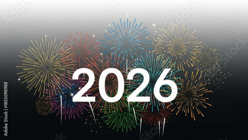 Vibrant fireworks exploding in night sky with 2026 text overlay