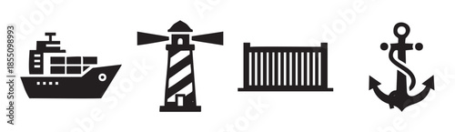Maritime shipping transportation icons set featuring nautical elements like a cargo ship, lighthouse, container, and anchor, representing global logistics.
