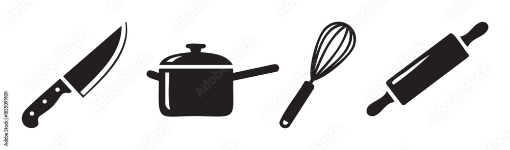 Obraz premium Kitchen utensils and cooking tools set including a knife, pot, whisk, and rolling pin for culinary activities and food preparation.