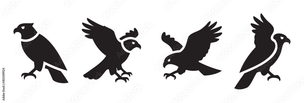 Obraz premium Four stylized birds of prey icons in various dynamic poses, depicting majestic raptors with powerful wings and sharp talons, symbolizing strength and freedom.