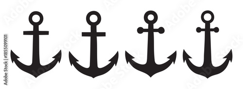 Four black anchor silhouettes in a row represent maritime navigation, stability, and nautical adventure, perfect for design elements and themed projects.