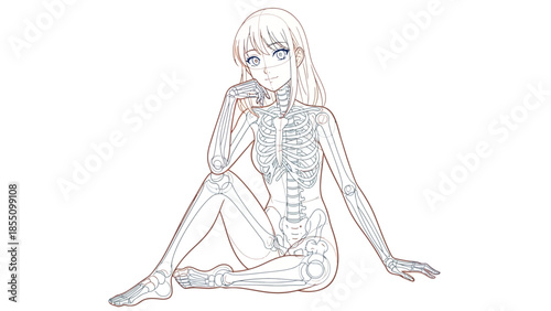 An intriguing illustration depicts a young woman with a visible skeletal structure posing in a seated position with a thoughtful