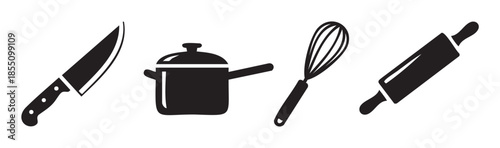 Kitchen utensils and cooking tools set including a knife, pot, whisk, and rolling pin for culinary activities and food preparation.
