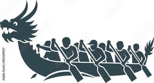 Traditional dragon boat racing vector illustration featuring a crew of rowers. Minimalist silhouette design ideal for cultural festival branding, sporting event logos, and Asian heritage graphics.