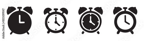 Four different alarm clock icons representing time and deadlines, perfect for scheduling, reminders, and important events in various digital designs.