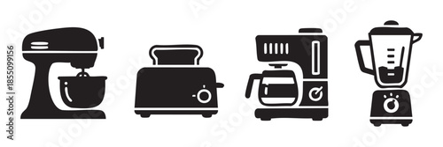 Various kitchen appliances icons representing common household cooking equipment and food preparation tools for modern homes and culinary needs.