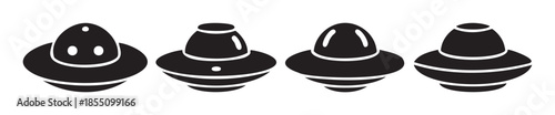 Four black flying saucer icons represent extraterrestrial vehicles or unidentified flying objects in a minimalist, flat design style, perfect for sci-fi themes.
