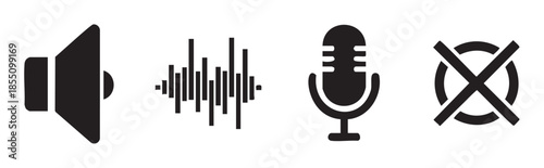 Audio sound volume microphone mute control icons are essential elements for modern digital user interfaces and multimedia applications.