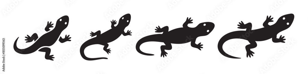 Obraz premium Four black lizard silhouettes in various crawling poses, creating a simple and graphic illustration of reptiles with a minimalist aesthetic and iconic style.