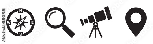 Navigation and discovery icons set featuring a compass, magnifying glass, telescope, and location pin for exploration and guidance.