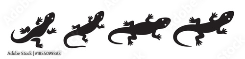 Four black lizard silhouettes in various crawling poses, creating a simple and graphic illustration of reptiles with a minimalist aesthetic and iconic style.