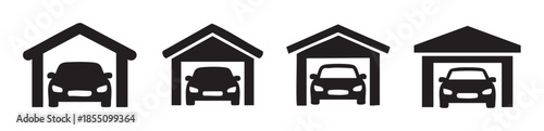 Car garage icons set featuring various vehicle parking structures and storage solutions, representing automotive security and property protection.