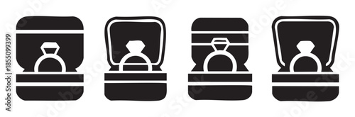 Four engagement rings in open boxes are displayed as simple black and white icons, symbolizing love, commitment, and marriage proposals.
