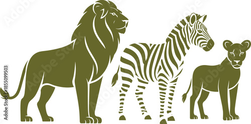 Minimal black and white African wildlife silhouette illustration with lion, zebra and cub, safari animals vector design collection