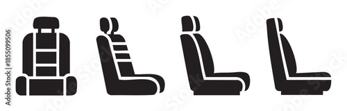 Vehicle seats icon set featuring various perspectives and designs for automotive interior components and passenger comfort symbols.