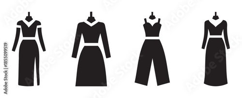 Various women's fashion clothing items displayed on mannequins, showcasing different styles of dresses and a modern jumpsuit, perfect for apparel design concepts.