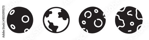 Various planets and moons icons representing different celestial bodies in a simple graphic style, perfect for educational or scientific design projects.