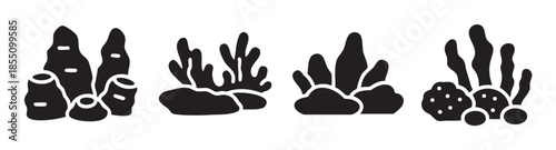 Marine plants and corals collection of stylized black silhouettes representing various underwater ecosystem elements for design projects.