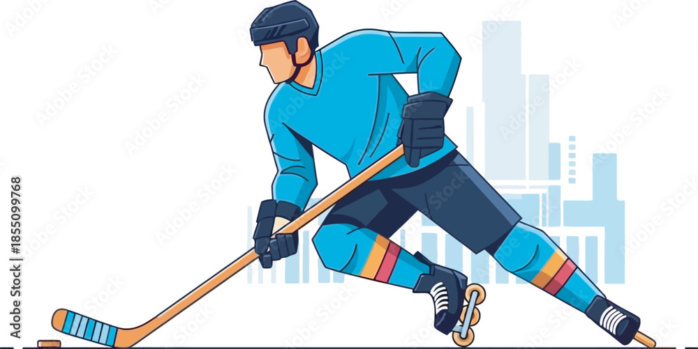 Obraz premium Vibrant vector art of a roller hockey player in action against a city backdrop. Ideal for street hockey leagues, urban sports gear promotion, and dynamic inline skating graphics for social media.