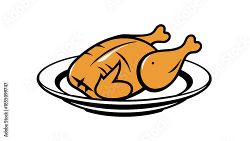 A roasted chicken sits on a white plate with black stripes.
