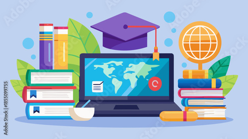 Flat vector illustration of online education with laptop, books, graduation cap, and digital learning icons.
