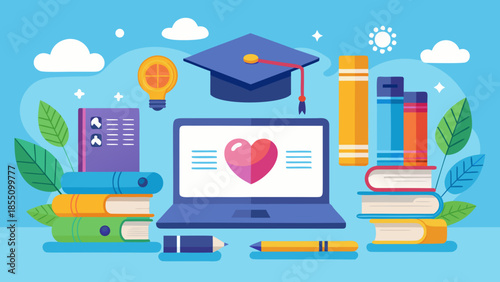 Flat vector illustration of online education with laptop, books, graduation cap, and digital learning icons.
