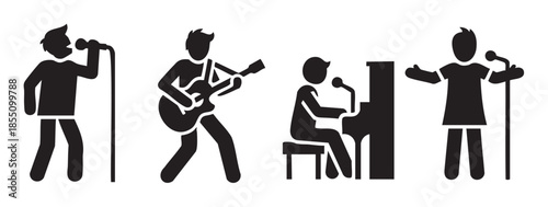 Musicians and performers icons illustrate various musical roles including singing into a microphone, playing an electric guitar, and performing on a piano.