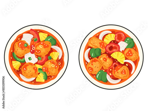 Two Bowls of Sweet and Sour Prepared Food Dish with Pineapple and Bell Peppers