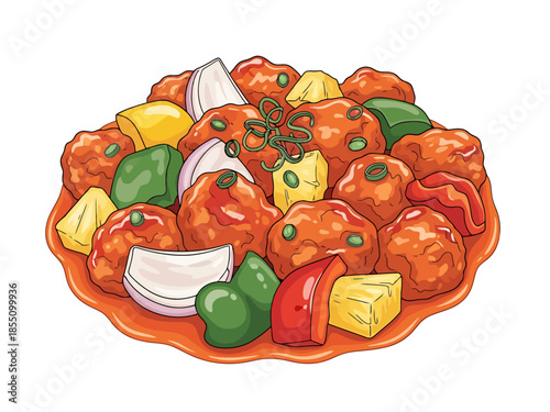 Sweet and Sour Meatballs Plate with Pineapple and Peppers