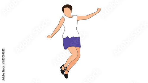 A woman in a white top and blue skirt is dancing energetically.