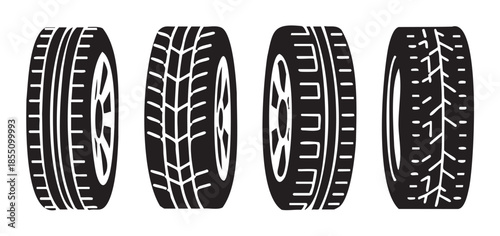 Four different car tires with distinct tread patterns are displayed in a graphic vector illustration, representing various automotive wheel designs.