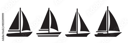 Four black silhouette sailboats are depicted in a horizontal arrangement, illustrating various classic and modern designs suitable for maritime, nautical, and travel-related concepts.