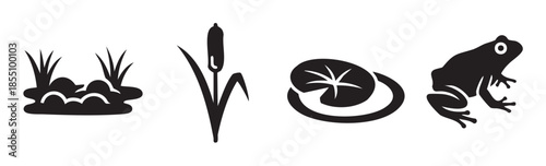 Aquatic plants and a frog are shown in a collection of minimalist black silhouettes, ideal for nature-inspired graphics and educational materials.