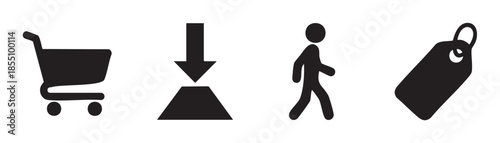 Shopping cart, download, walking person, price tag icons are essential symbols representing various aspects of online commerce, digital transactions, and retail business operations.