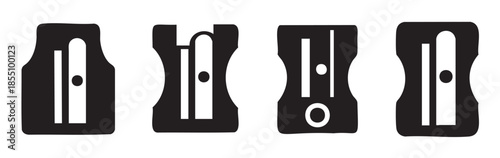 Four minimalist pencil sharpeners are displayed in a row, showcasing various simple icon designs for stationery and office supplies.