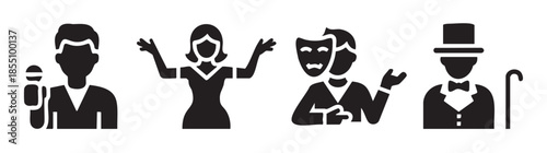 Performance and entertainment vector icons representing various artistic roles including a singer, presenter, actor, and showman, perfect for creative design projects.