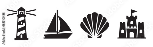 Collection of nautical and beach themed icons representing summer vacation, seaside adventures, and coastal elements in a simple black silhouette style.