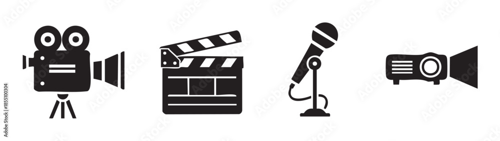 Fototapeta premium Film camera clapperboard microphone projector icons representing creative media production, entertainment, and presentation elements in a clean, modern black and white graphic design.