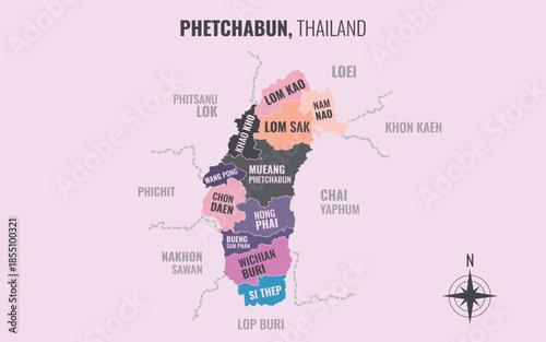 A map showing Phetchabun Thailand divided into districts in a minimalist colorful style