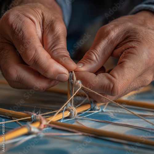hands of a man stringing up a kite