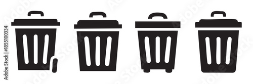 Four black silhouette trash cans icons representing deletion, recycling, and waste disposal concepts for digital interfaces and graphic design projects.