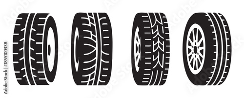 Four different car tires with distinct tread patterns are displayed in a black and white vector illustration, representing various vehicle wheel designs.