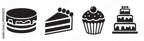 Sweet cakes, cupcakes, and desserts are presented as a collection of minimalist black silhouette icons, perfect for bakery menus or celebration designs.