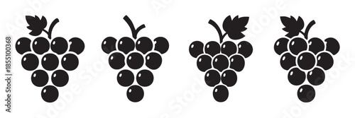 Four grape bunches vector icons illustrating fruit, wine, and harvest concepts in a clean, minimalist silhouette style for various design applications.
