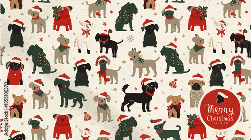 Vector illustration template featuring fabric pattern with Christmas dog motifs in flat design style, incorporating festive red and green colors, with simple
