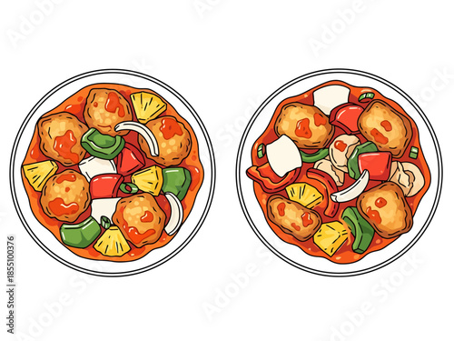 Plates of Sweet and Sour Pork with Pineapple and Vegetables