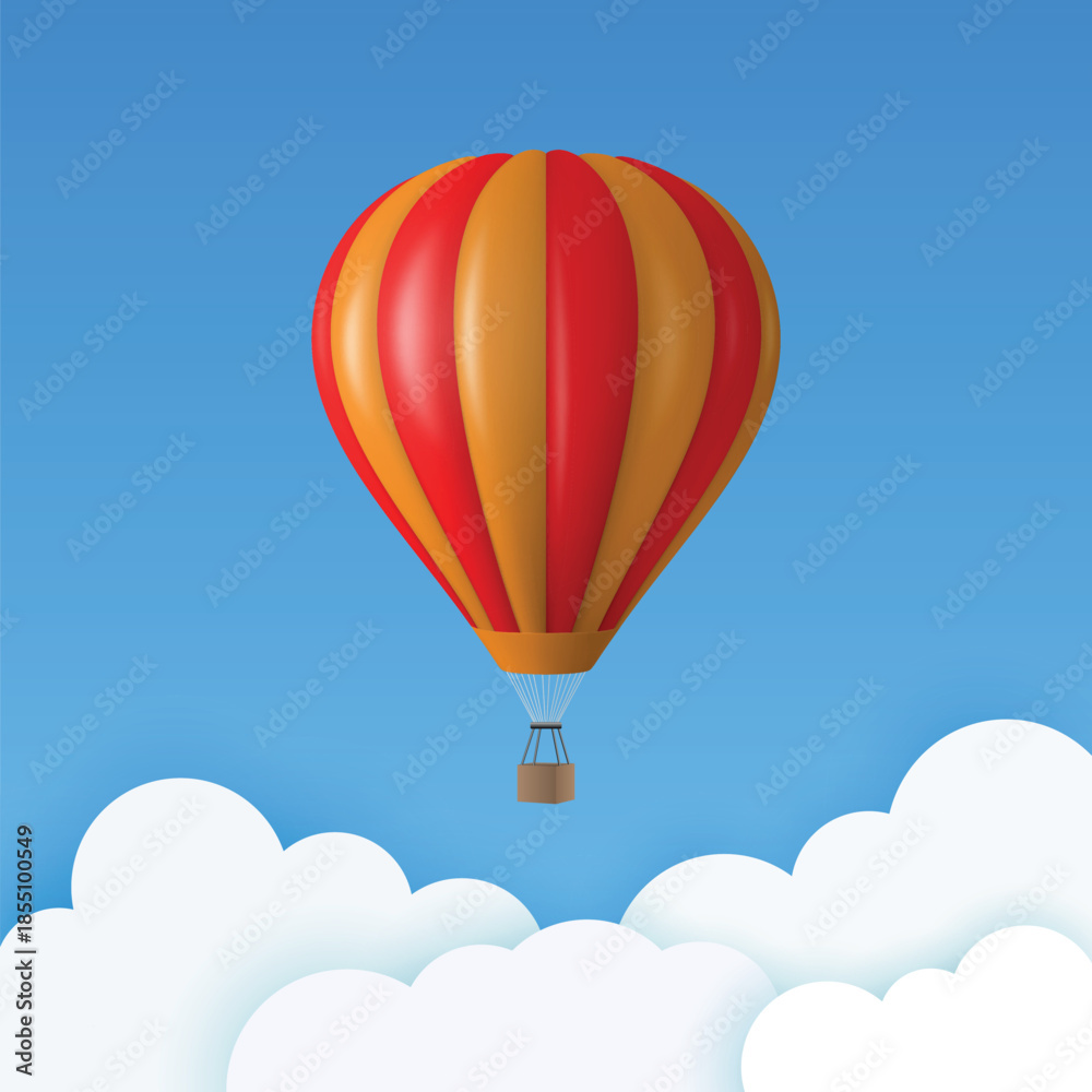 Naklejka premium Vector Travel Banner with 3d Realistic Red and Orange Hot Air Balloon Icon on a Blue Sky Background. Design Template, Summer Vacation, Travelling, Tourism and Journey Concept