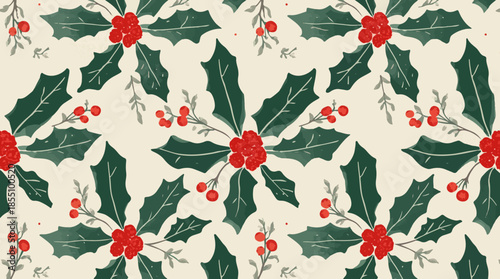 Vector illustration of a Christmas-themed fabric design featuring a prominent holly leaf motif pattern, with stylized green leaves, vibrant red berries