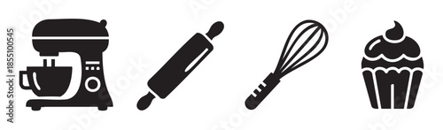 Baking tools and cupcake icons represent kitchen essentials for cooking, pastry making, and sweet dessert preparation in a simple graphic style.