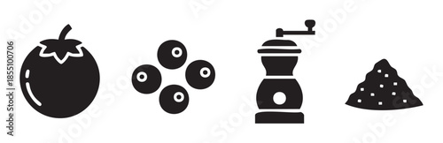 Various cooking ingredients and spices including an eggplant, olives, a pepper mill, and a pile of ground pepper, essential for culinary arts.